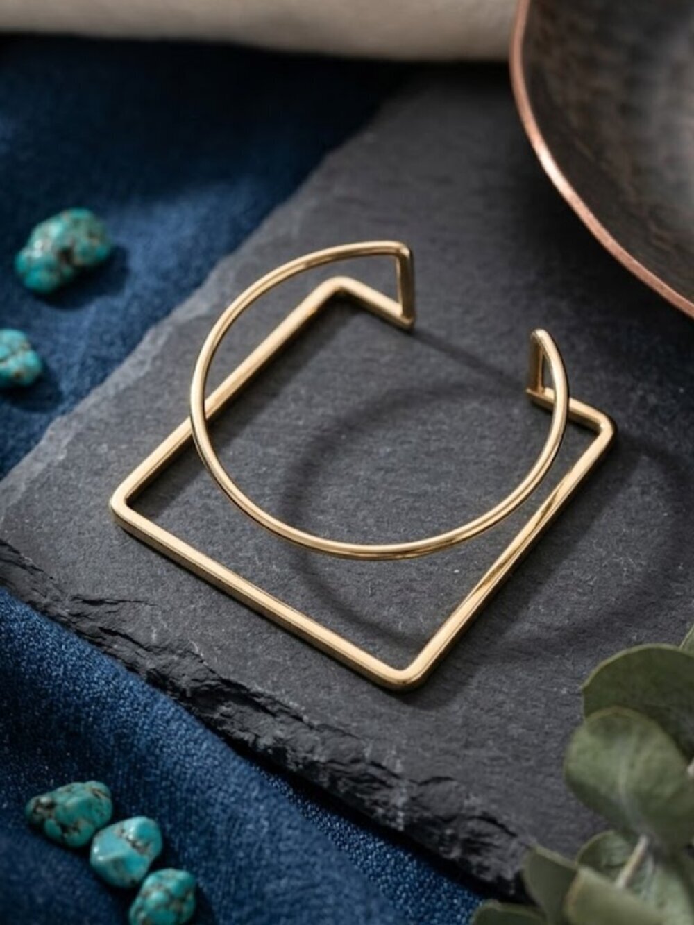 Gold Square Cuff Bracelet Geometric Open Statement 14K Plated Modern Minimalist